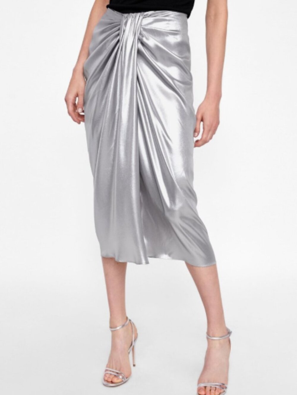 ZARA Woman Metallic Silver Drape Front‎ Midi Skirt Size XL